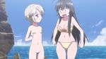  bandaid bandaid_on_pussy bandaids_on_nipples beach bikini black_hair blue_eyes cloud day ezomori_nozomu flat_chest kanokon minamoto_chizuru multiple_girls nude ocean outdoors pasties screencap short_hair silver_hair sky swimsuit water 