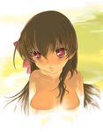 breasts brown_hair copyright_request expressionless face large_breasts long_hair mocha_(snowflake) nude onsen open_mouth red_eyes solo 