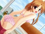  back blush bra brown_hair game_cg lingerie looking_back omatase!_jambalaya open_mouth panties red_eyes restaurant solo striped striped_bra striped_panties suzumiya_kazuki underwear underwear_only undressing 