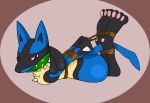  3_toes ambiguous_gender anthro barefoot bdsm bondage bound canid canine feet gag hindpaw looking_at_viewer lucario mammal nintendo pawpads paws pok&eacute;mon pok&eacute;mon_(species) red_eyes shadz-the-fox solo toes video_games whistleristler 