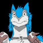  2019 4_fingers ambiguous_gender anthro black_background blue_fur brscaler chest_tuft claws countershading dialogue digital_media_(artwork) english_text fur hair hi_res humanoid_hands long_hair looking_at_viewer meme merp multicolored_fur portrait raised_arm sergal shrug simple_background solo text toony tuft two_tone_fur white_fur 