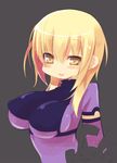  bad_id bad_pixiv_id blonde_hair blush bodysuit breasts ernula large_breasts purple_bodysuit senkou_no_ronde simple_background solo yellow_eyes zankuro 