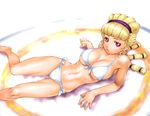  arm_support bangs barefoot bikini blonde_hair blunt_bangs breasts breasts_apart cleavage from_above front-tie_top grin hairband half_updo large_breasts long_hair looking_at_viewer lying minoa minotaurus_no_sara navel on_back pink_eyes scrunchie side-tie_bikini sidelocks skindentation slender_waist smile solo strap_gap swimsuit toned tri_tails ueyama_michirou underboob wavy_hair white_bikini wide_hips 