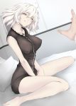  1girl ahoge bangs bare_legs barefoot bed bedroom black_dress breasts cleavage commentary_request dress dutch_angle eyebrows_visible_through_hair fate/grand_order fate_(series) harapeko1129 highres jeanne_d&#039;arc_(alter)_(fate) jeanne_d&#039;arc_(fate)_(all) jewelry necklace open_mouth out_of_frame outstretched_hand short_hair yellow_eyes 