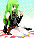  bangs boots c.c. cheese_trail code_geass food green_hair high_heels holding_pizza long_hair omuni pizza shoes shorts sitting slice_of_pizza solo thigh_boots thighhighs yellow_eyes yokozuwari 