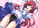  11eyes 1girl game_cg kusakabe_misuzu long_hair maid narumi_yuu_(bunbukudou) panties red_hair ribbon solo underwear 