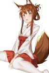  1girl animal_ears blush brown_eyes brown_hair eyebrows_visible_through_hair folded_ponytail hakama hakama_skirt inazuma_(kantai_collection) japanese_clothes kantai_collection kimono long_hair long_sleeves looking_at_viewer open_mouth pallad red_hakama sitting squirrel_ears squirrel_tail tail thighhighs wariza white_kimono white_legwear 