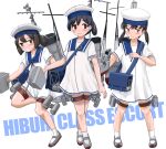  3girls adapted_turret black_hair blue_eyes bob_cut brown_eyes cannon daitou_(kancolle) depth_charge dress hat hiburi_(kancolle) high_ponytail highres kantai_collection low_ponytail low_twintails multiple_girls purple_eyes rigging sailor_dress sailor_hat senon short_hair short_ponytail short_sleeves shounan_(kancolle) sidelocks socks thigh_strap twintails white_dress white_headwear white_legwear 