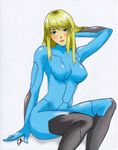  artist_request blonde_hair blue_eyes bodysuit long_hair metroid samus_aran sitting solo zero_suit 