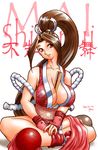  artist_request between_breasts breasts brown_eyes brown_hair closed_fan fan fatal_fury folding_fan high_ponytail indian_style large_breasts long_hair revealing_clothes shiranui_mai sitting snk solo the_king_of_fighters 