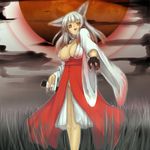  :p adapted_uniform animal_ears breasts cleavage copyright_request covered_nipples foreshortening fox_ears hakama huge_breasts japanese_clothes katana kimono long_hair miko moon pen_(pen3) red_hakama silver_hair solo sword tongue tongue_out weapon yellow_eyes 