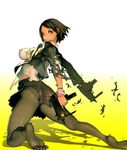  absurdres back-seamed_legwear bracelet breasts brown_hair dual_wielding feet from_behind gun highres holding imi_uzi jewelry kim_hyung_tae large_breasts machine_pistol original pantyhose scan seamed_legwear short_hair sideboob skirt smiley_face solo submachine_gun torn_clothes weapon 