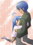  1girl ahoge bad_id bad_pixiv_id blue_hair blush closed_eyes father_and_daughter haiteku highres hug izumi_konata izumi_soujirou kneehighs long_hair lucky_star mole mole_under_eye shorts socks 