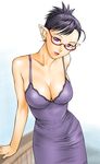  breasts cleavage copyright_request dress glasses large_breasts non-web_source pointy_ears purple_eyes short_hair solo tight ueyama_michirou 