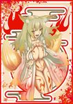  animal_ears areolae breast_hold breasts cleavage copyright_request fangs fox_ears fox_tail japanese_clothes kimono large_breasts long_hair navel no_panties open_clothes open_kimono open_mouth pen_(pen3) pubic_tattoo smile solo tail tattoo underboob 