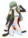  bangs boots c.c. code_geass detached_sleeves green_hair kneeling long_hair midriff misnon_the_great shorts solo thigh_boots thighhighs yellow_eyes 