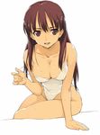  arm_support breasts brown_eyes brown_hair cleavage covered_nipples hands jpeg_artifacts large_breasts long_hair morisawa_haruyuki one-piece_swimsuit original pulled_by_self solo sweat swimsuit swimsuit_pull 
