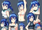  &gt;_&lt; 1girl :d ahoge anger_vein arlly_radithia armpits arms_up bare_shoulders bikini bikini_top black_shirt blue_eyes blue_hair blush breasts chibi collarbone commentary_request controller crying crying_with_eyes_open drooling eyes_closed game_controller grey_background hair_ornament highres holding hood hood_down hoodie medium_breasts multiple_views navel open_mouth original saliva shirt simple_background sleeveless sleeveless_hoodie sleeveless_shirt smile streaming_tears stretch swimsuit tank_top tears trembling twintails white_bikini white_hoodie white_tank_top 