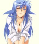  animal_ears blue_hair breast_squeeze breasts cleavage downblouse follower_(yagisaka_seto) genderswap genderswap_(mtf) heterochromia imageboard_colors large_breasts lowres oekaki original shirt sleeves_rolled_up solo white_shirt yagisaka_seto 