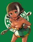  bowieknife breast_press breasts brown_hair cleavage coffee-tan collar dark_skin food_themed_clothes green_eyes holding holding_spoon large_breasts multicolored_hair product_girl short_hair solo spoon starbucks 