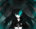  bad_id bad_pixiv_id bangs bikini_top black_hair black_rock_shooter black_rock_shooter_(character) burning_eye chain coat flat_chest front-tie_top green_eyes hood hooded_jacket jacket long_hair midriff neno pale_skin solo star twintails uneven_twintails very_long_hair 