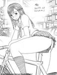  artist_request ass bicycle blush copyright_request greyscale ground_vehicle long_hair monochrome road_bicycle school_uniform solo upskirt 