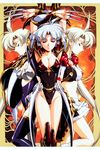  90s armor blue_hair bodysuit closed_eyes highleg highres langrisser langrisser_ii multiple_girls rana_(langrisser) riana_(langrisser) sherry_(langrisser) short_hair silver_hair skirt thighhighs urushihara_satoshi very_short_hair 