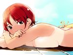  bikini_bottom bikini_tan blush breast_press breast_rest breasts from_side igarasy large_breasts looking_at_viewer lying on_stomach original red_hair shiny shiny_skin short_hair sideboob solo swimsuit tan tanline tile_floor tiles topless yellow_swimsuit 