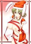  animal_ears breasts bunny_ears bunny_tail christmas copyright_request green_hair hat inverted_nipples large_breasts mouth_hold naked_ribbon nipples pen_(pen3) red_eyes ribbon santa_costume santa_hat solo tail 