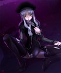  blush breast_slip breasts caren_hortensia fate/hollow_ataraxia fate/stay_night fate_(series) hat layered_sleeves long_hair medium_breasts pantyhose silver_hair solo spread_legs squatting taru_neko torn_clothes 