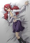  bed blush breasts cleavage hair_over_one_eye kirijou_mitsuru large_breasts long_hair lying midriff open_clothes open_shirt persona persona_3 red_hair school_uniform segami_daisuke shirt skirt smile solo 
