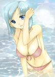  adjusting_hair bikini blue_eyes blue_hair breasts cleavage copyright_request large_breasts pen_(pen3) short_hair smile solo swimsuit water 