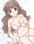  :o bed_sheet between_breasts bikini breasts brown_eyes brown_hair cleavage halter_top halterneck hand_between_breasts hirose_(mokiki) huge_breasts long_hair looking_at_viewer navel original solo swimsuit 