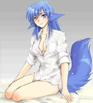  animal_ears blue_hair breasts cleavage fang follower_(yagisaka_seto) genderswap genderswap_(mtf) heterochromia imageboard_colors large_breasts lowres oekaki open_clothes open_shirt original shirt sleeves_rolled_up smile solo tail white_shirt yagisaka_seto 