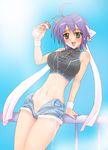  ahoge bare_shoulders blue_eyes blue_hair blush drink green_eyes headband kakogawa_tarou lyrical_nanoha mahou_shoujo_lyrical_nanoha_strikers midriff no_panties open_clothes open_fly open_shorts purple_hair ribbon short_hair shorts subaru_nakajima unzipped wet 