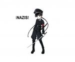  armband bangs belt black_eyes black_hair black_legwear boots buttons flat_chest gloves hat katana knee_boots long_hair looking_at_viewer lowres military military_uniform nazi necktie pale_skin peaked_cap simple_background solo standing sword twintails uniform very_long_hair weapon 