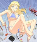  bad_id bad_pixiv_id barefoot bikini blonde_hair blue_eyes breasts feet hair_brush hands large_breasts legs long_hair makeup makeup_brush mouth_hold nail_polish nail_polish_bottle original pedicure purple_nails side-tie_bikini solo swimsuit toenail_polish toes ume_(driveume) underboob 