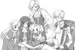  3boys :o artist_request ascot blush cape clovis_la_britannia code_geass euphemia_li_britannia greyscale lelouch_lamperouge long_hair long_sleeves military military_uniform monochrome multiple_boys multiple_girls nunnally_lamperouge parted_lips schneizel_el_britannia seat short_hair simple_background table twintails uniform very_long_hair white_background 