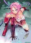  armor breasts cleavage copyright_request large_breasts ninja pink_hair satou_shouji solo sword weapon 