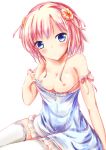  1girl bangs bare_arms bare_shoulders blue_dress blue_eyes blush breasts closed_mouth collarbone commentary_request dress dress_pull eyebrows_visible_through_hair frilled_dress frills medium_breasts nipples original pink_hair shihou_haru sidelocks simple_background sitting smile solo strap_slip thighhighs white_background white_legwear 