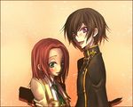  1girl ashford_academy_uniform brown_hair code_geass green_eyes gun kallen_stadtfeld knife lelouch_lamperouge lowres mecco necktie purple_eyes red_hair school_uniform short_hair weapon 