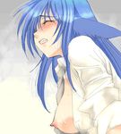  animal_ears blue_hair breasts cleavage clenched_teeth closed_eyes follower_(yagisaka_seto) genderswap genderswap_(mtf) imageboard_colors large_breasts lowres nipples oekaki open_clothes open_shirt original shirt sleeves_rolled_up solo teeth white_shirt yagisaka_seto 