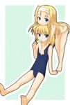  barefoot bikini blonde_hair blue_eyes copyright_request food hug long_hair multiple_girls one-piece_swimsuit pen_(pen3) popsicle school_swimsuit side-tie_bikini sitting smile striped striped_bikini striped_swimsuit swimsuit 