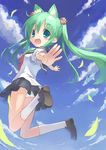  :d animal_ears aqua_eyes bad_id bad_pixiv_id blue_eyes blush_stickers cloud day foreshortening green_hair hands jumping long_hair looking_at_viewer midair open_mouth original outstretched_arms panties pantyshot petals saeki_nao school_uniform sky smile solo spread_arms twintails underwear 