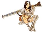  aisha_(ash) antique_firearm archaic_sealed_heat armor ash_(game) bag belt boots breasts brown_hair cleavage crop_top crown firearm firelock gloves gun hat jezail long_hair medium_breasts midriff musket natsuhara navel rifle single_glove sitting skirt solo sword weapon 