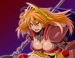  1girl armor breasts cleavage demon_girl horns isse lance large_breasts long_hair orange_eyes orange_hair pointy_ears polearm solo spear warrior weapon wings 