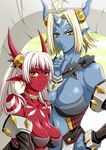  blue_oni blue_skin breasts choker cleavage copyright_request demon_girl detached_sleeves earrings horns isse jewelry large_breasts multiple_girls oni orange_eyes pointy_ears red_oni red_skin short_hair tattoo twintails white_hair 