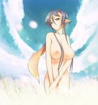  breasts cloud copyright_request covering day earrings huge_breasts jewelry long_hair nipples nude pen_(pen3) pointy_ears silver_hair sky solo steam wings 