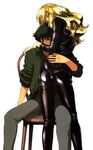  1girl artist_request ass blonde_hair chair cowboy_bebop highres jacket julia_(cowboy_bebop) leather official_art shiny shiny_clothes simple_background skin_tight spike_spiegel 