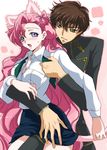  1girl animal_ears blush cat_ears cat_tail code_geass couple euphemia_li_britannia green_eyes hetero kurimomo kururugi_suzaku long_hair open_mouth pink_hair school_uniform tail 